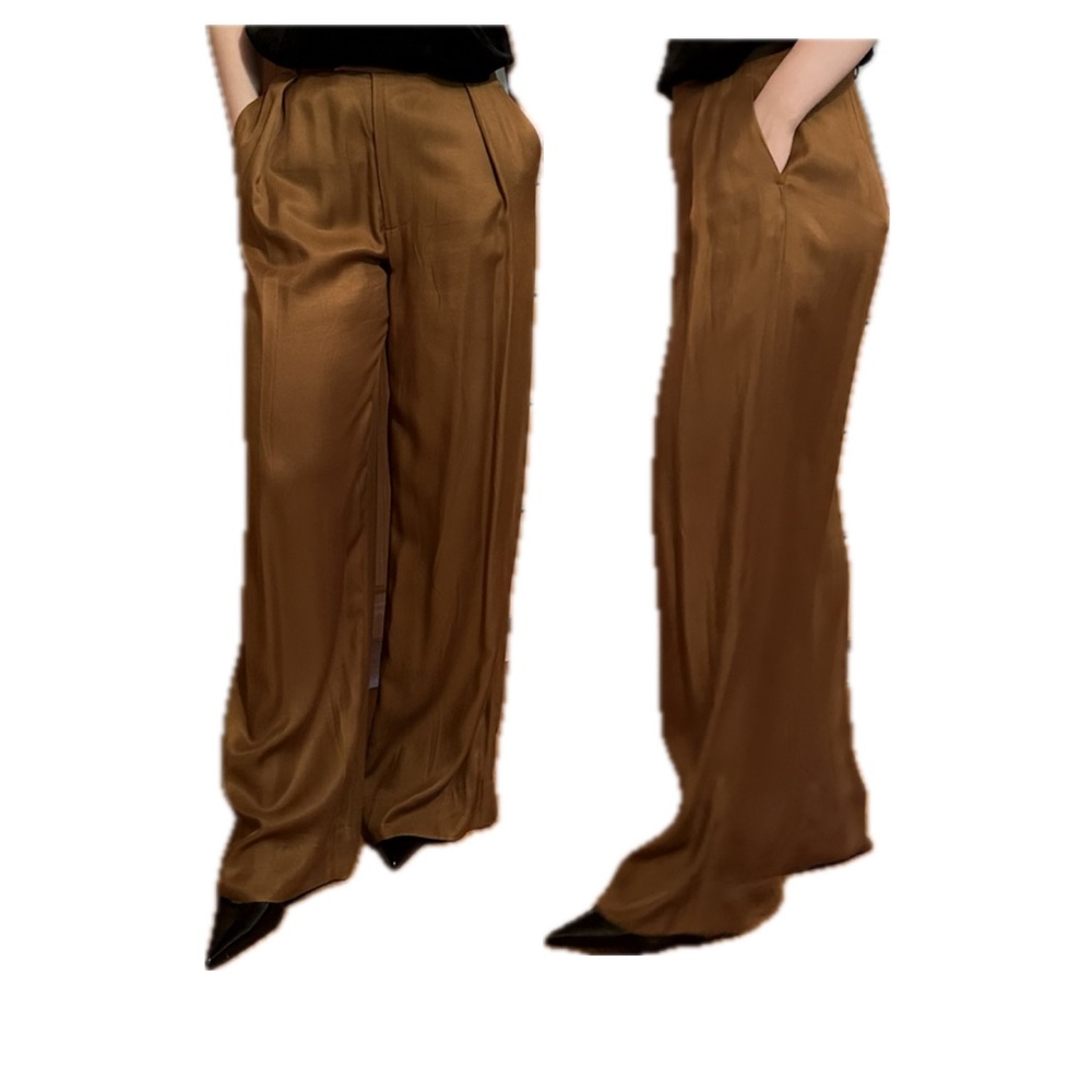 Flowy, silk-like wide leg pants, tan